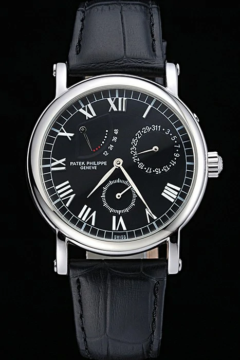 Patek Philippe Geneve Complications Black Dial Stainless Steel Bezel Black Leather Band new118592