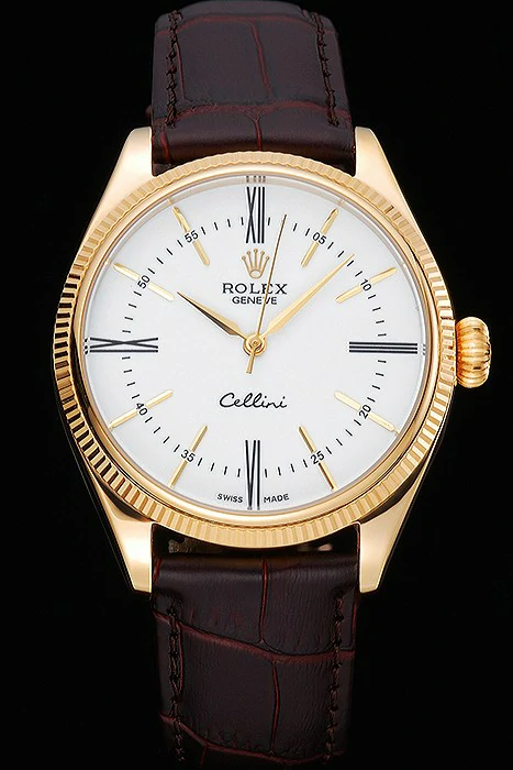 Rolex Cellini White Dial Gold Case Brown Leather Strap new120976