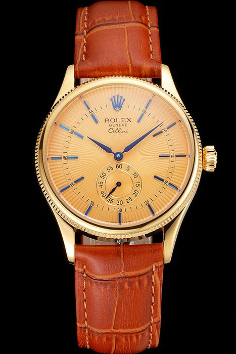 Rolex Cellini Gold Dial Blue Markings Gold Case Light Brown Leather Strap new121587