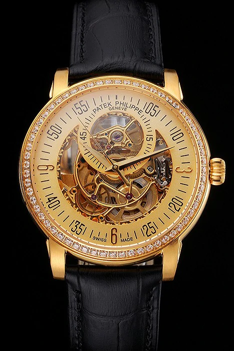 Patek Philippe Complications Openworked Dial Gold Case Diamond Bezel Black Leather Strap new122000