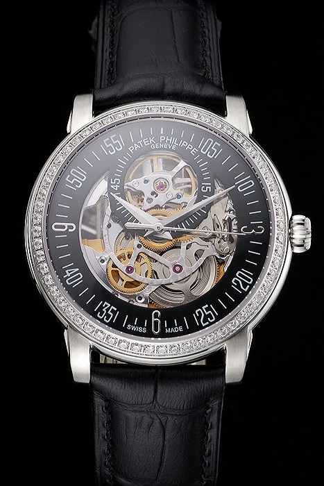 Patek Philippe Complications Openworked Dial Stainless Steel Case Diamond Bezel Black Leather Strap new122004