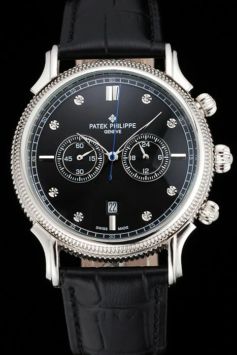 Patek Philippe Chronograph Black Dial With Diamonds Stainless Steel Case Black Leather Strap new122952