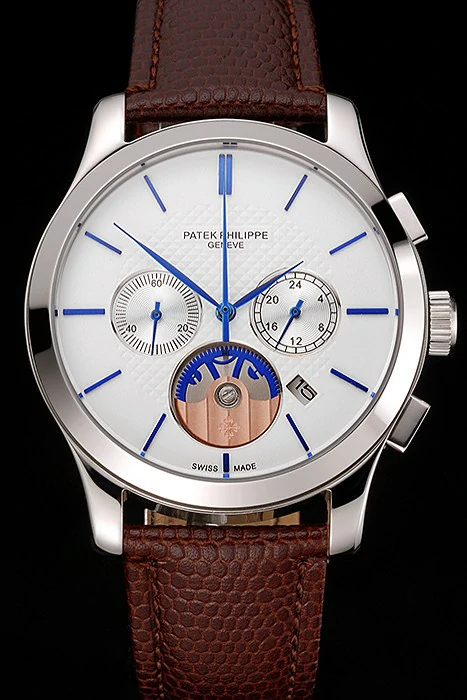Patek Philippe Chronograph White Dial Blue Hands Stainless Steel Case Brown Leather Strap new123384