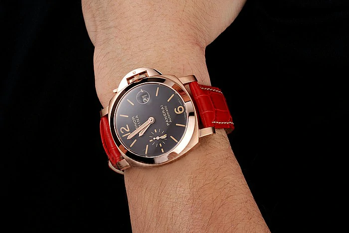 Panerai Luminor Marina Black Dial Rose Gold Case Red Leather Strap new123420