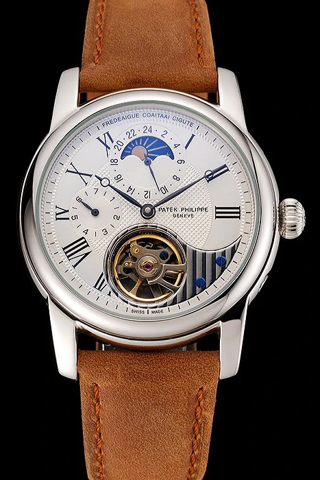 Patek Philippe Grand Complications GMT Moonphase Tourbillon White Dial Stainless Steel Case Brown Suede Leather Strap new123929