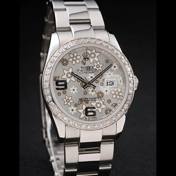 Rolex Datejust Stainless Steel Silver Flowers Dial Diamond Plated new58418