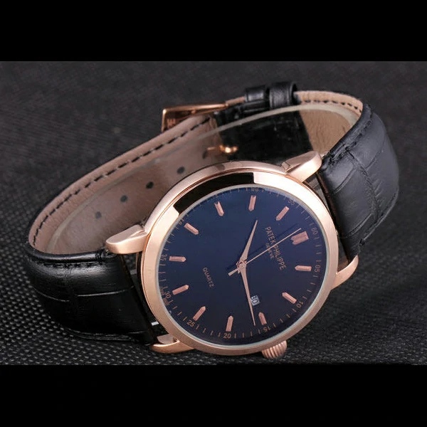 Patek Philipe Calatrava Roze Gold Polished Bezel Black Leather Bracelet new59425