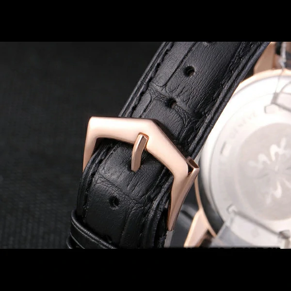 Patek Philipe Calatrava Roze Gold Polished Bezel Black Leather Bracelet new59425