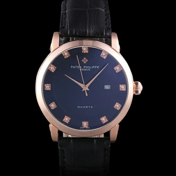 Patek Philipe Calatrava Roze Gold Polished Bezel Black Leather Bracelet new59429