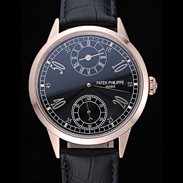 Patek Philippe Geneve Two Dial Black Dial Rose Gold Bezel Black Leather Band new60045
