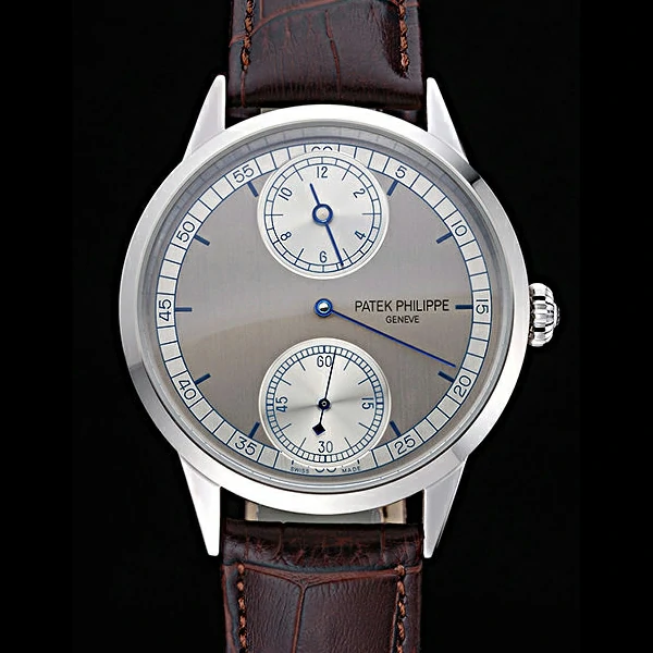 Patek Philippe Geneve Two Dial Gray Dial Stainless Steel Bezel Brown Leather Band new60046