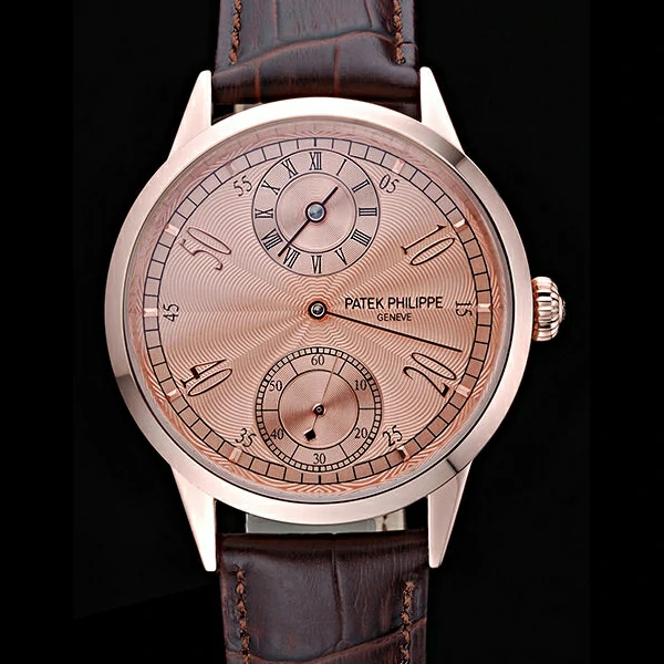 Patek Philippe Geneve Two Dial Rose Dial Rose Gold Bezel Brown Leather Band new60048