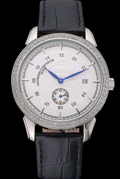 Vacheron Constantin Traditionnelle White Ship Dial Stainless Steel Case With Diamonds Black Leather Strap new121430