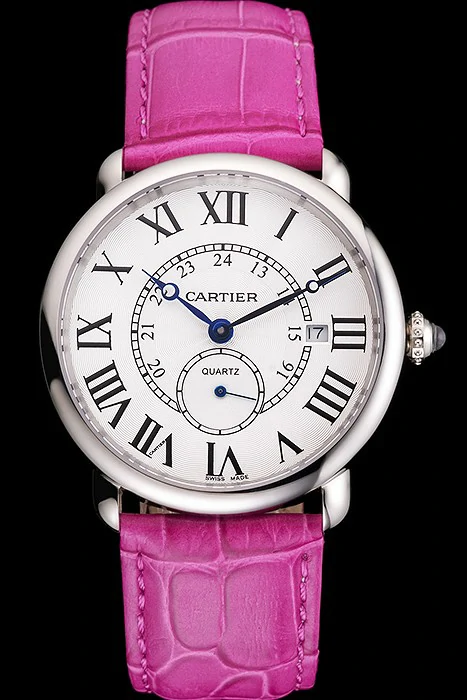 Cartier Ronde Louis Cartier White Dial Stainless Steel Case Fuchsia Leather Strap new121522