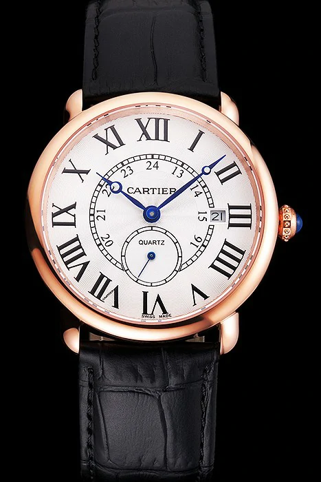 Cartier Ronde Louis Cartier White Dial Gold Case Black Leather Strap new121525