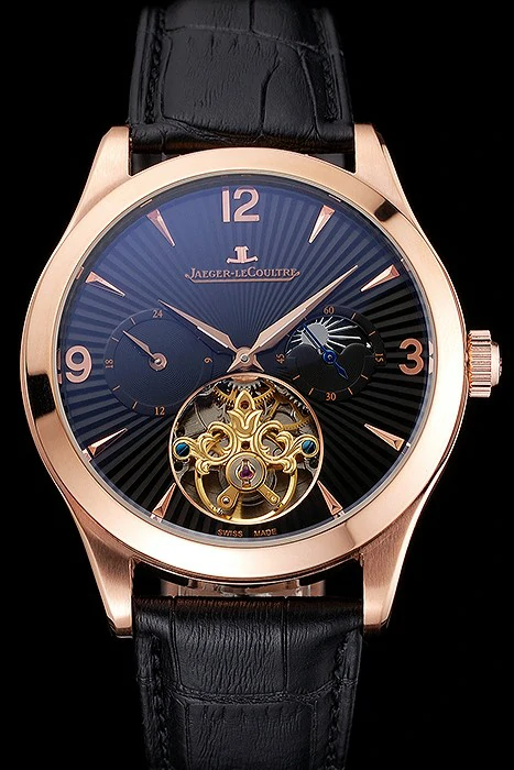Jaeger LeCoultre Master Moonphase Tourbillon Black Dial Rose Gold Case Black Leather Strap new121933