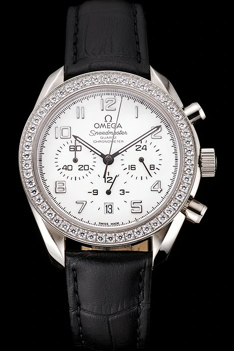 Omega Speedmaster White Dial Stainless Steel Case Diamond Bezel Black Leather Strap new122464