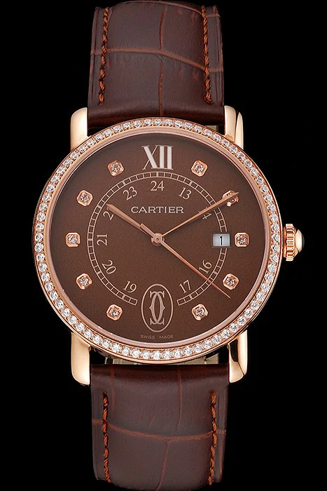 Cartier Ronde Solo Brown Dial Diamond Hour Marks And Bezel Rose Gold Case Brown Leather Strap new122587