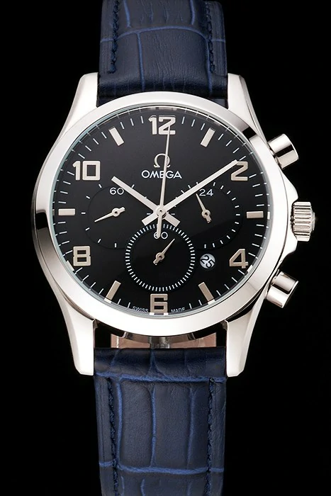 Omega Chronograph Black Dial Stainless Steel Case Blue Leather Strap new123353