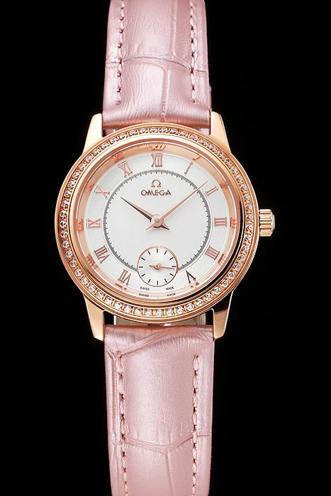 Omega De Ville Prestige Small Seconds White Dial Diamond Bezel Rose Gold Case Pink Leather Strap new123371