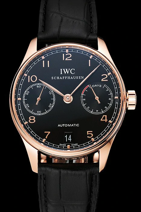 IWC Portuguese Black Dial Gold Case Black Leather Bracelet new124534