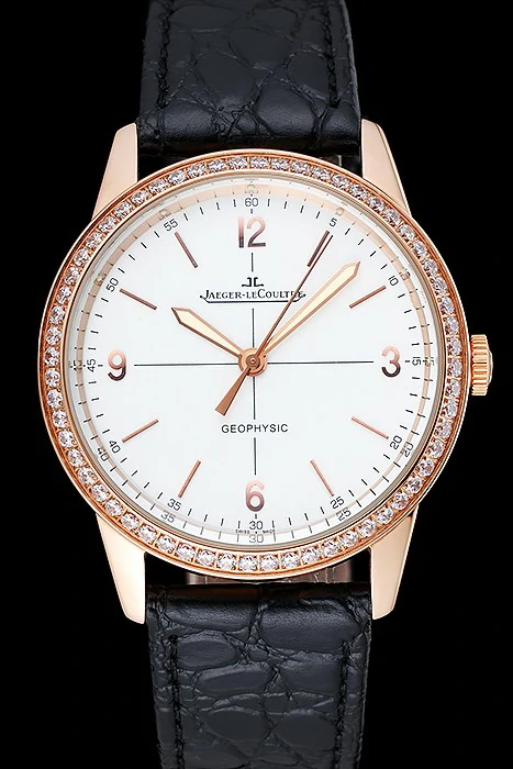 Jaeger LeCoultre Geophysic White Dial Gold Diamond Case Black Leather Bracelet new124890