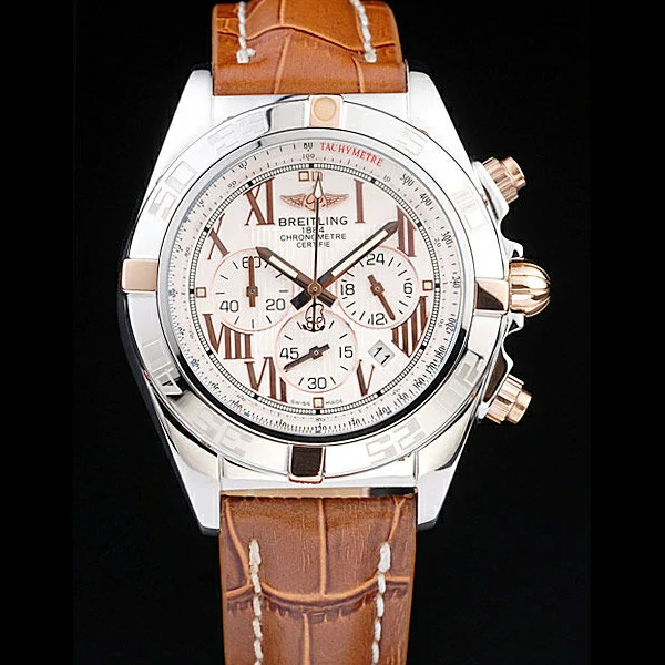 Breitling Chronomat Yellow Gold Highlight Brown Leather Strap Roman Number White Dial new58052