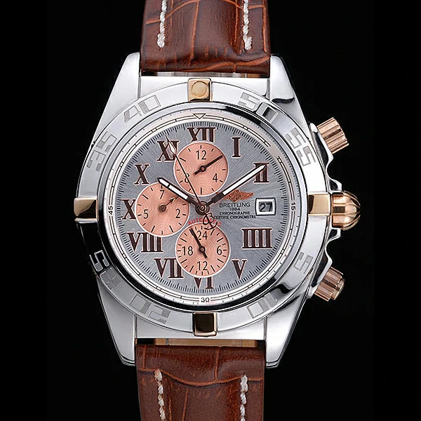 Breitling Chronomat Rose Gold Highlight Brown Leather Strap Roman Number White Dial new58059