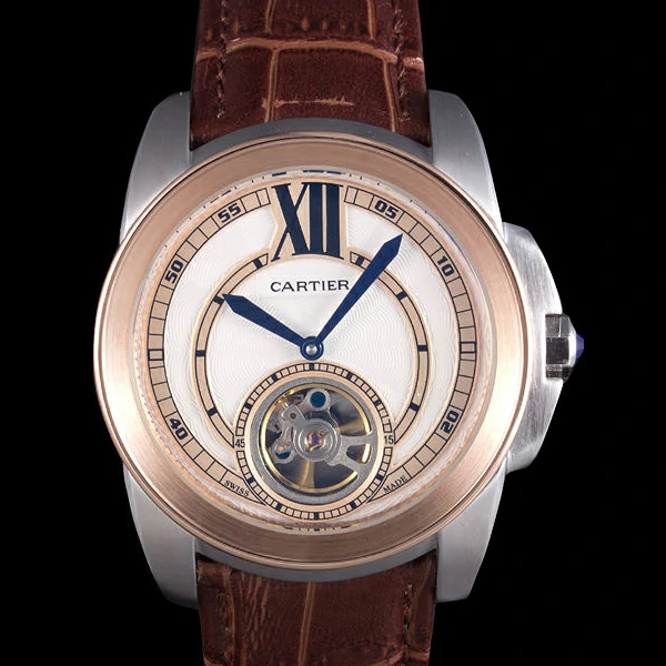Cartier Calibre Flying Tourbillon White Dial Two Tone Case Brown Leather Bracelet new58105