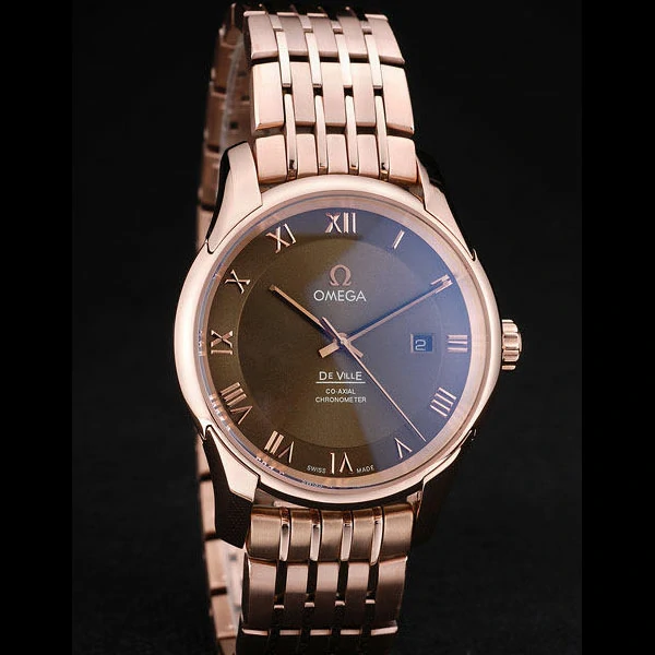 Omega DeVille Rose Gold Bezel Roman Numbers Brown Dial new58975