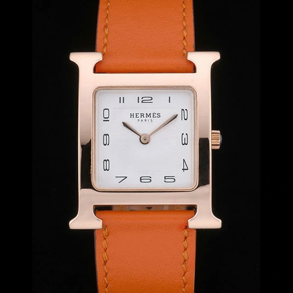 Hermes Heure H Rose Gold Bezel Orange Leather Strap White Dial new59198