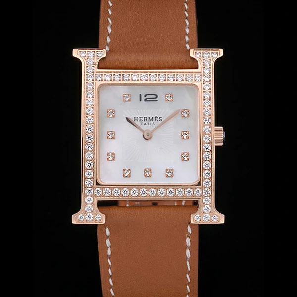 Hermes Heure H Rose Gold Diamond Encrusted Bezel Tan Leather Strap White Dial new59200