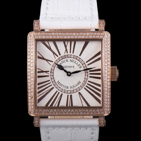 Franck Muller Master Square Diamond Encrusted Rose Gold Bezel White Croco Bracelet new59299