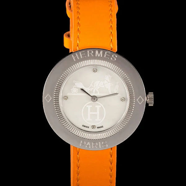 Hermes Classic MOP Dial Orange Leather Bracelet new59398