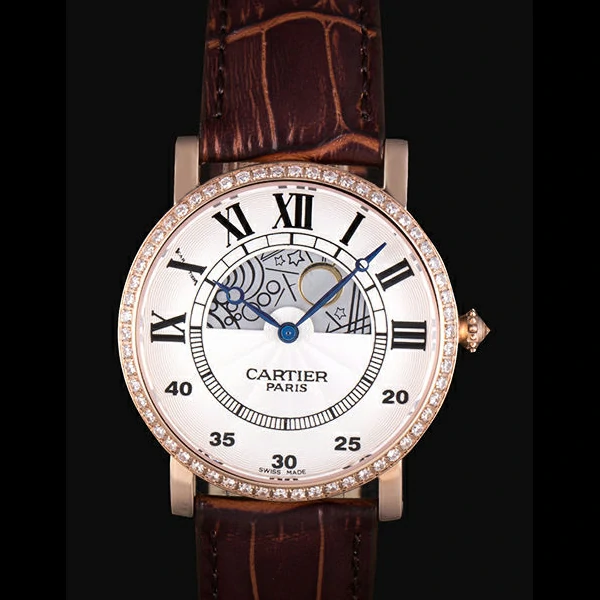 Cartier Moonphase Rose Gold Watch with Brown Leather Band new59457
