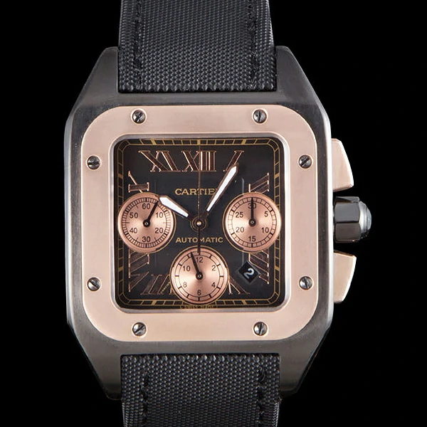 Cartier Santos Rose Gold Bezel with Black Dial and Black Fabric Strap new59619