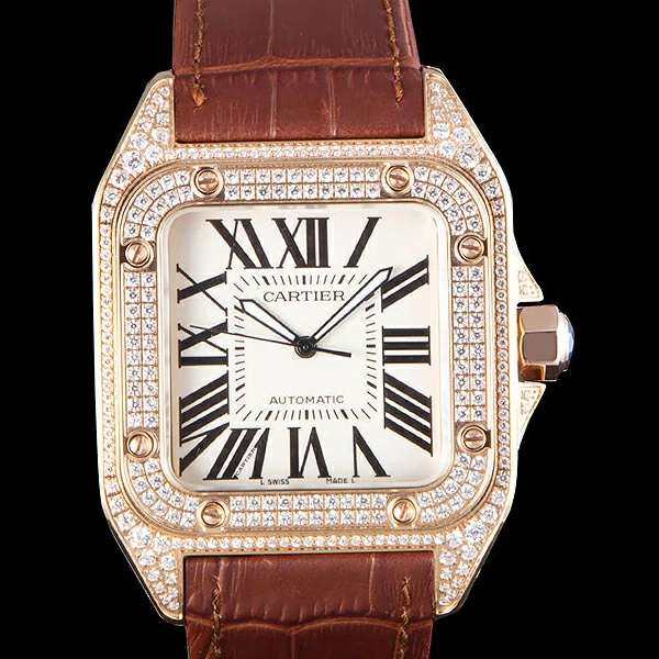 Cartier Santos Rose Gold Bezel with Diamonds and Brown Leather Strap new59623
