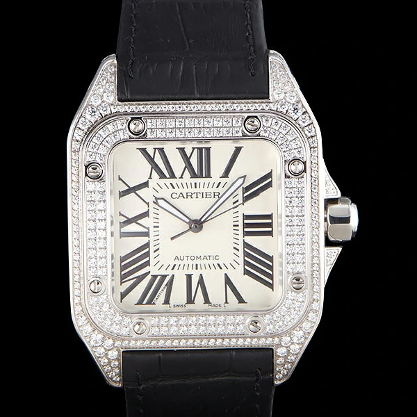 Cartier Santos Silver Bezel with Diamonds and Black Leather Strap new59624
