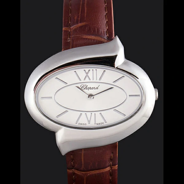 Chopard Luxury Silver Bezel with White Dial and Brown Leather Strap new59636