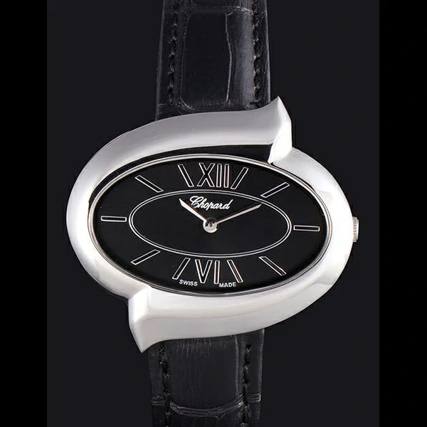 Chopard Luxury Silver Bezel with Black Dial and Black Leather Strap new59639
