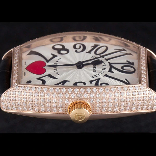 Frank Muller Heart Diamond Gold Bezel Black Leather Band new59681