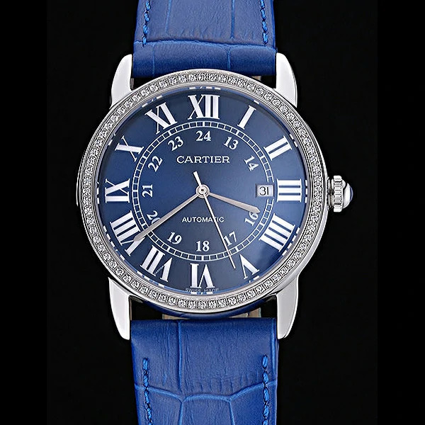 Cartier Ronde Solo Stainless Steel Diamond Case Blue Dial Roman Numerals new60094