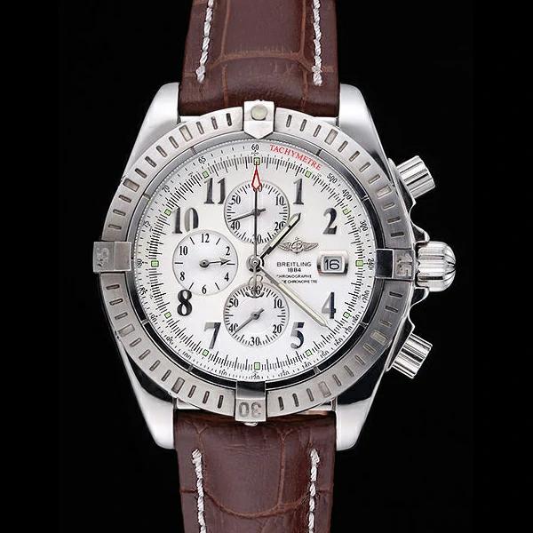 Breitling Chronomat 13 Stainless Steel Case White Dial Arabic Numerals Brown Leather Bracelet new60134