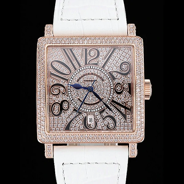 Franck Muller Master Square Diamonds Dial Diamonds Case White Leather Band new60257