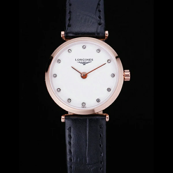 Longines La Grande Classique Black Leather Band White Round Dial Gold Case Diamond Numerals new60279