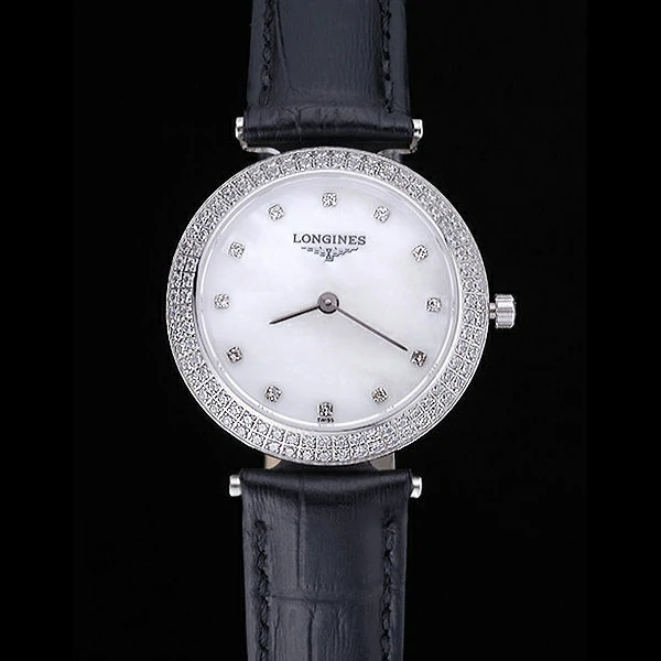 Longines La Grande Classique White Round Dial Diamond Case Diamond Numerals Black Leather Band new60280