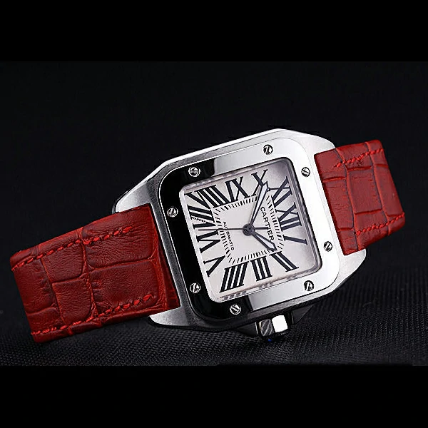 Cartier Santos White Dial Stainless Steel Case Red Leather Bracelet new60440