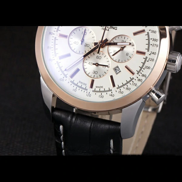 Breitling Transocean White Dial Black Leather Strap Rose Gold Bezel new58571