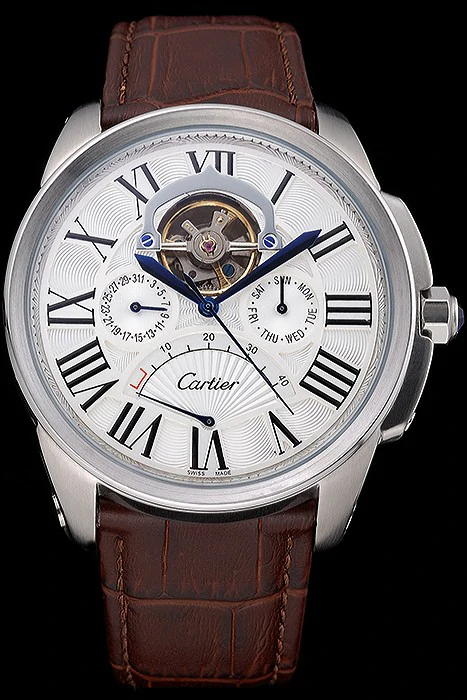 Cartier Calibre Tourbillon White Dial Stainless Steel Case Brown Leather Strap new120729