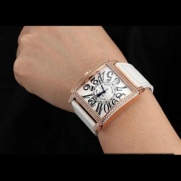 Franck Muller Master Square White Dial Diamonds Case White Leather Band new60256